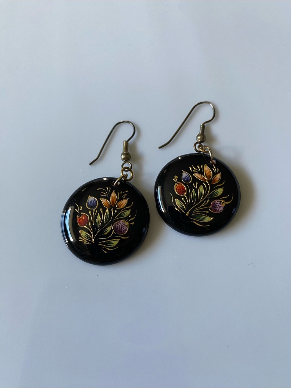 Hand-Painted Black Floral Folk Art Drop Earrings